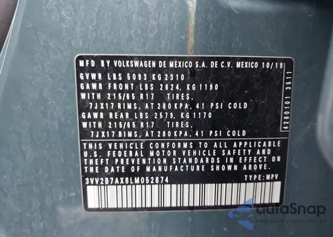 2020 Volkswagen Tiguan 2.0T Se/2.0T Se R-Line Black/2.0T Sel из США, поврежденный, VIN 3VV2B7AX8LM052874